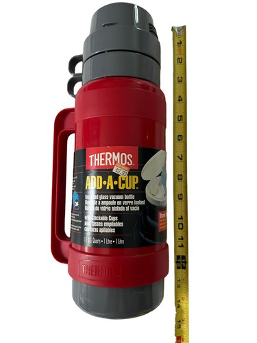Old School Thermos Add A Cup Red Vacuum Insulated Beverage Water Bottle 1QT NEW! - Picture 8 of 9