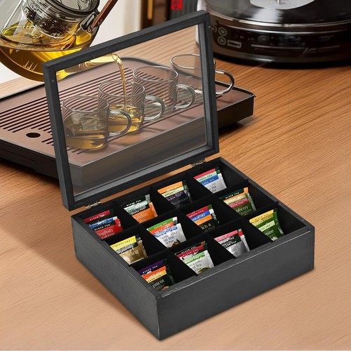 Wood Big Black Tea Bag Organizer Storage Box 12-Compartment Multi-Functional Box - Picture 7 of 24