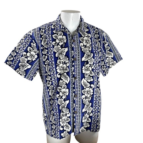 Hilo Hattie Hawaiian Shirt Medium Floral Hibiscus Flowers Tribal Stripes Blue - Picture 2 of 7