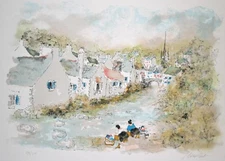 Urban Huchet- Lithografie Signierte- Dorf Au -ufer Wasser-