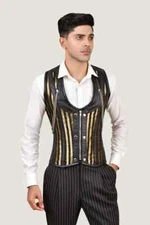 Men Golden Line Brocade Corset Vest with Black Leather, Chains & Front Zip