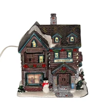 Lighted Ski Lodge Glass Window Christmas House Snowman Ceramic w Cord & Bulb