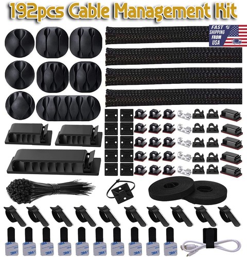 192pcs Cable Management Kit Sleeve Clips Computer TV Under Desk Wire Organizer