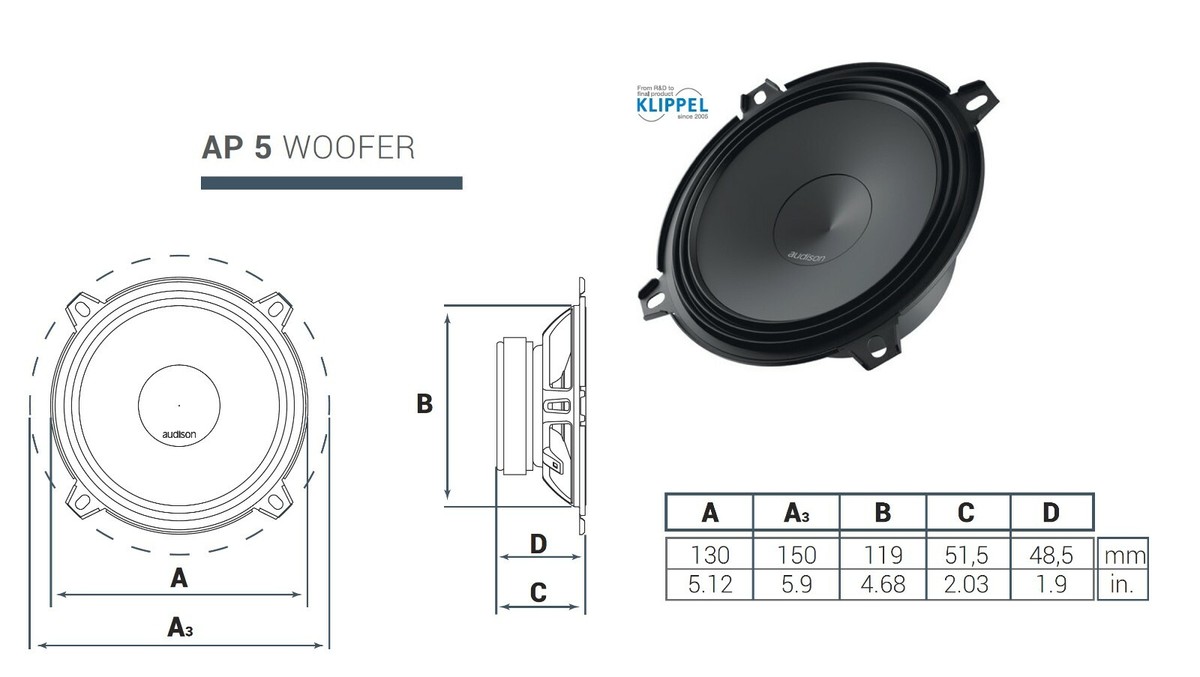 Audison AP5 130mm (5'') midrange woofers; 50W Rms; 4Ω; a pair