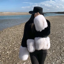 Women Natural Real Fox Fur Coat Black and White Fur Jacket Full Pelt Outwear