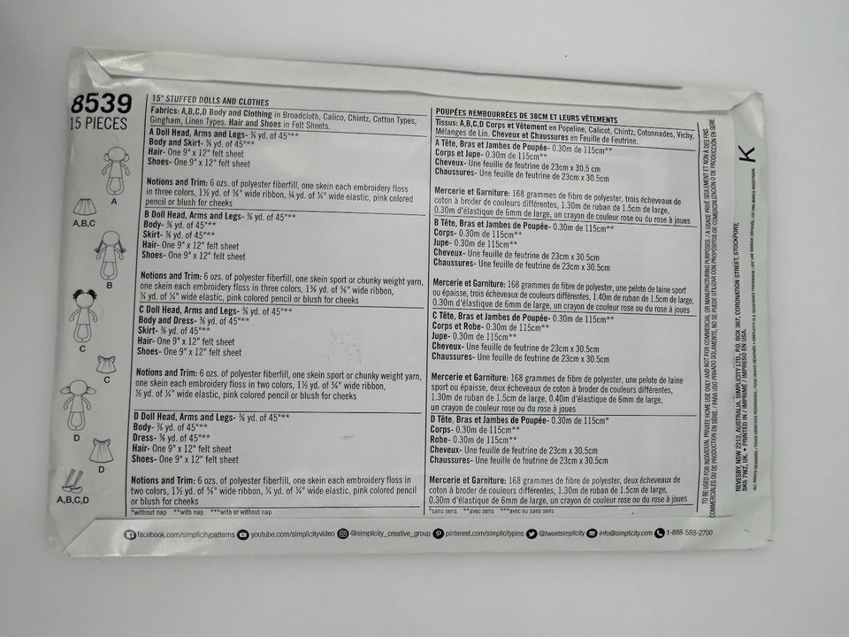 Simplicity 8539 Whimsy Doll Uncut Sewing Pattern - Image 2 of 2