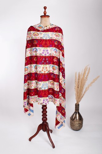 Cashmere Red White Stripes Artistic Handloomed Bold Kani Pashmina Shawl - Picture 6 of 9