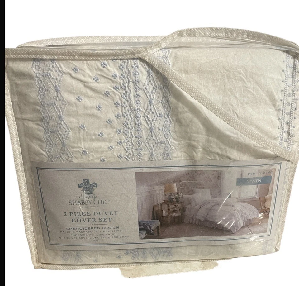 Simply Shabby Chic Twin Duvet Set Bohemian White Blue Embroidery 2 Piece - Image 4 of 4