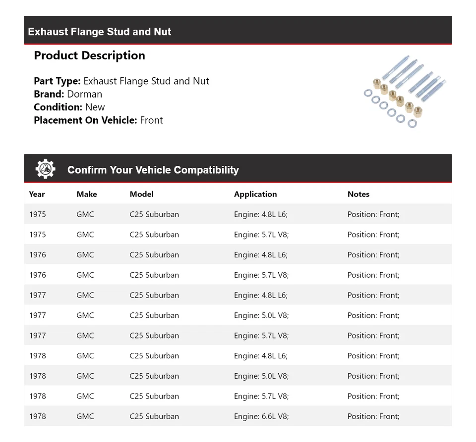 Para GMC C25 Suburban Dorman 1975-1978 brida de escape perno y tuerca delantera 1976 Foto 2 de 4