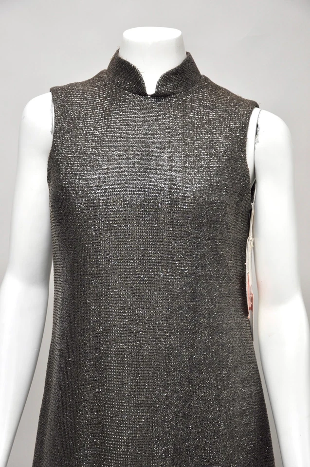 Vestido de fiesta vintage años 60 marrón plateado cojo sin mangas mod ribete de plumas Foto 2 de 4