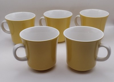 Vintage Mikasa Cera-Stone Yellow D1350 Mugs Set of 5 White Handle Interior Japan