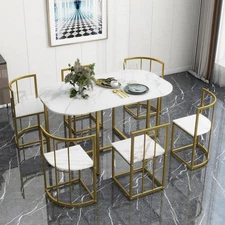 Modern 7-Pc Dining Set w/ Marble Table & Chairs, Seats 6, Golden+White