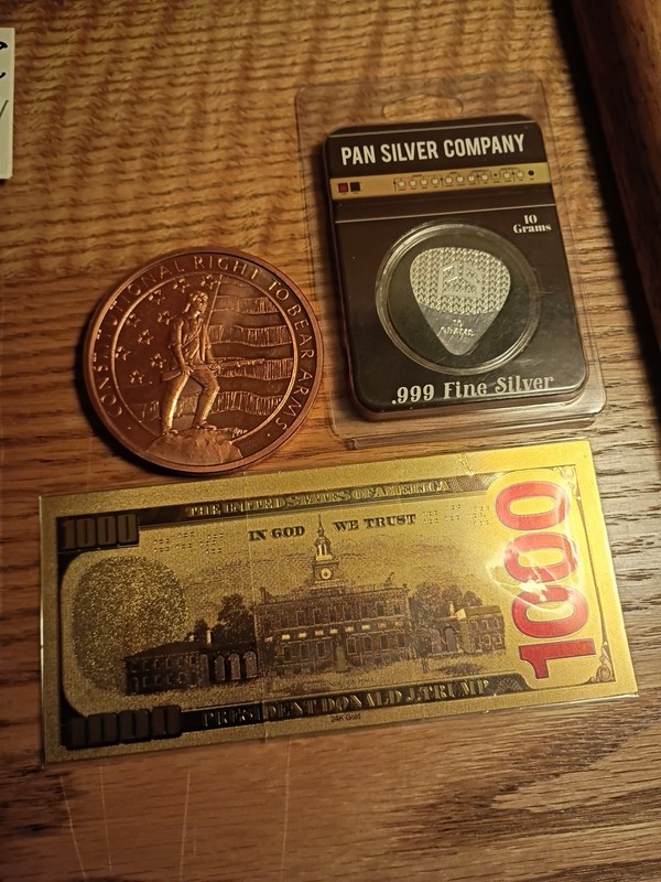 5 oz  .999 fine Copper,10Gm Silver .999Guitar Pic ,+A 1k, 24kGold FoilTrumpBill