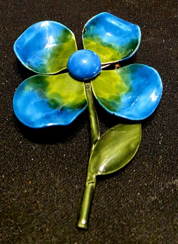 Vtg 1960s Flower Power Enamel Brooch Blue Green Mod Pop Art Mid Century Unsigned