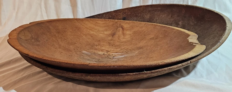 VINTAGE WOOD DOUGH BOWLS (x2) HAND CARVED OBLONG W/ FINGER HOLD / GROOVE - Image 2 of 4