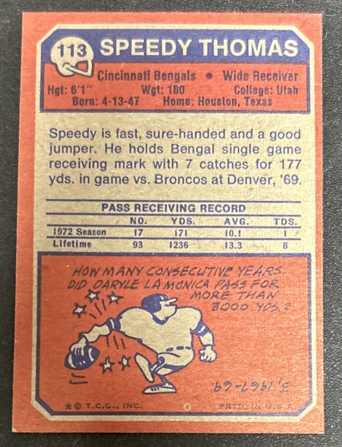 1973 Topps Speedy Thomas Football Rookie Card RC 113 Bengals Poor Scuff Marks OC - Image 2 of 2