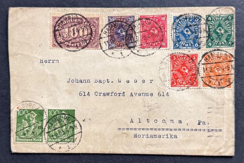 AtoZ. Hamburg Germany 1923 Inflation Cover to Pennsylvania