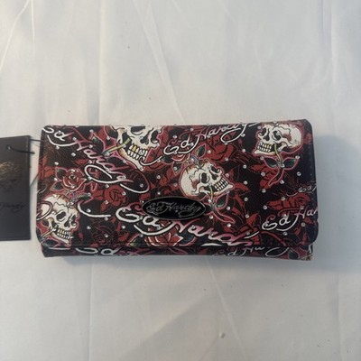 ED HARDY Wallet Flap Over Clutch Skulls Tatoo, Logo w/Rhinestones Y2K Design NWT
