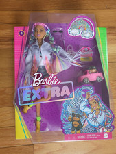 Barbie Extra Doll #5 in Long-Fringe Denim Jacket with Pet Puppy, Rainbow Braids,