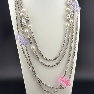 Vintage Sarah Coventry Multi Strand Necklace Set Faux Pearls Silver Tone 48 inch