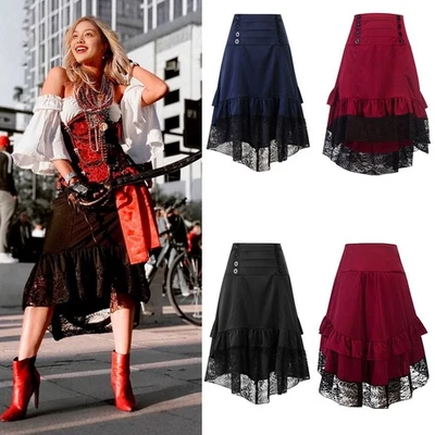 Halloween Damen Retro Hohe Taille Gothic Spitze Langer Rock Steampunk Partykleid - Bild 1 von 4