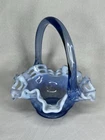 Vintage Fenton Blue Weave Glass Basket/Opalescent Open Lace Ruffled Rim