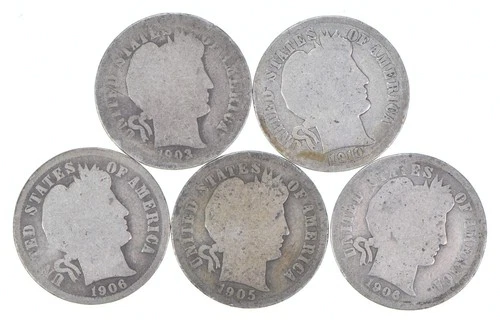 Better Lot 5 1903-O 1910-D 1906-D 1905-S 1906-D Barber Dime 0.50 Face *214