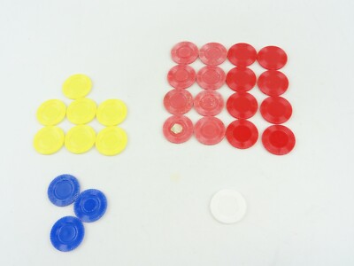 Poker Chips Mini White Red Blue Yellow Vintage Plastic 27 Total