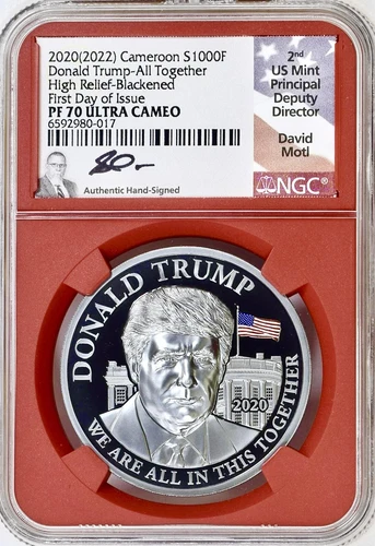 2020 (2022) CAMEROON PROOF DONALD TRUMP BLACKENED NGC PF70UCAM FDOI 1OZ .999