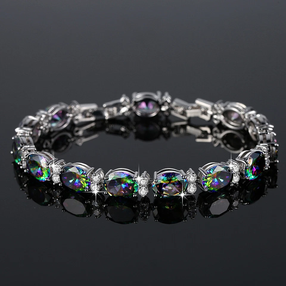 New Oval Rainbow Fire Mystic Topaz Charm Women Holiday Jewelry Silver Bracelets - Image 3 of 4