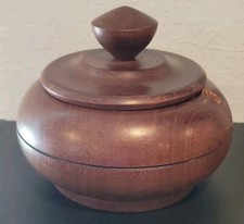 Hand Turned Wooden Bowl w Lid Round Notch on Rim of Bowl