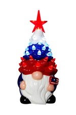 7.5 H Patriotic USA Gnome Tree Glazed Ceramic Retro B/O w/Multi-Color Bulbs NEW