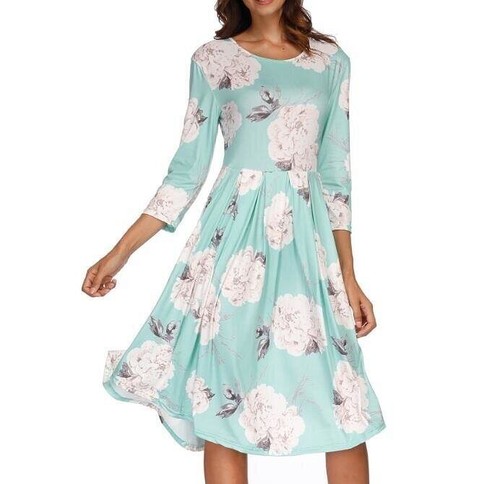 Stunning Women's Floral Print Dress with Pockets - 3/4 Sleeve Swing Pleated Maxi - Picture 11 of 12
