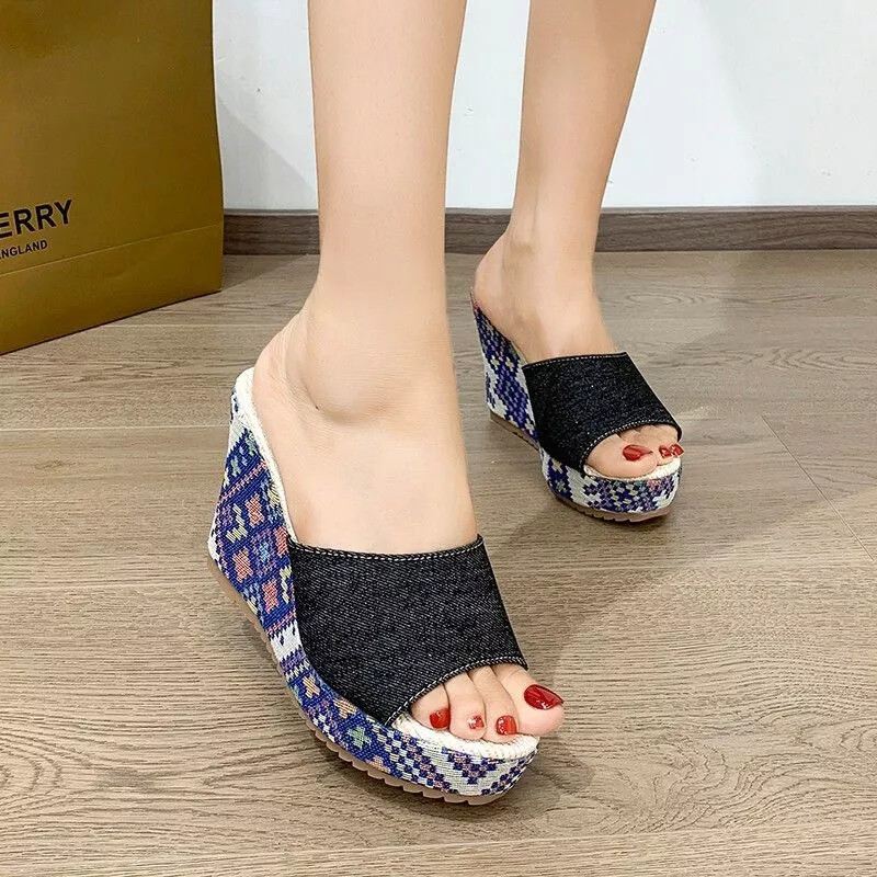 Sandalias Alpargatas Cuña 10 CM Zuecos Plataforma Vaqueros Negro Piel Sintético