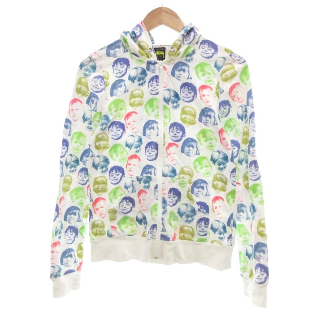 Stussy Hoodie Zip-Up Men’s White Multicolor All Face Pattern
