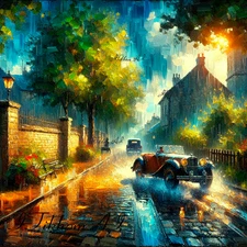 Digital Art Picture Cityscape Houses Street Cars Autumn Rain Wallpaper Desktop