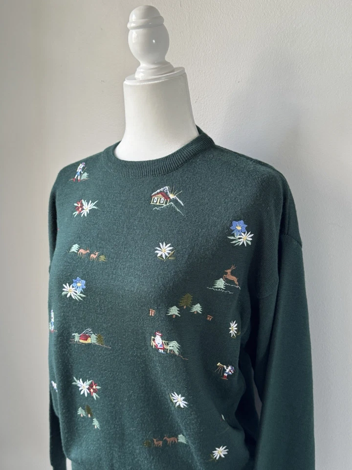 Suéter de esquí alpino vintage Meister de lana bordado para mujer verde medio Foto 2 de 4