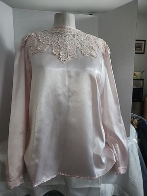 Sonya Ratay San Andre Pink Blouse Long Sleeve Lace Size 12 Vintage Button Back