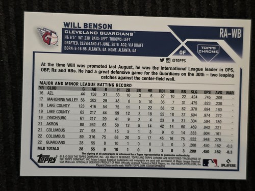 2023 Topps Chrome Will Benson RC Rookie On-Card Auto #RA-WB - Foto 3 di 3