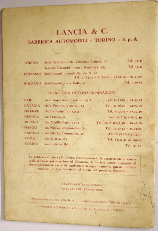 Lancia Fulvia 2C 1964, Uso e Manutenzione Orig. Manual de instrucciones, manual del propietario Foto 4 de 4