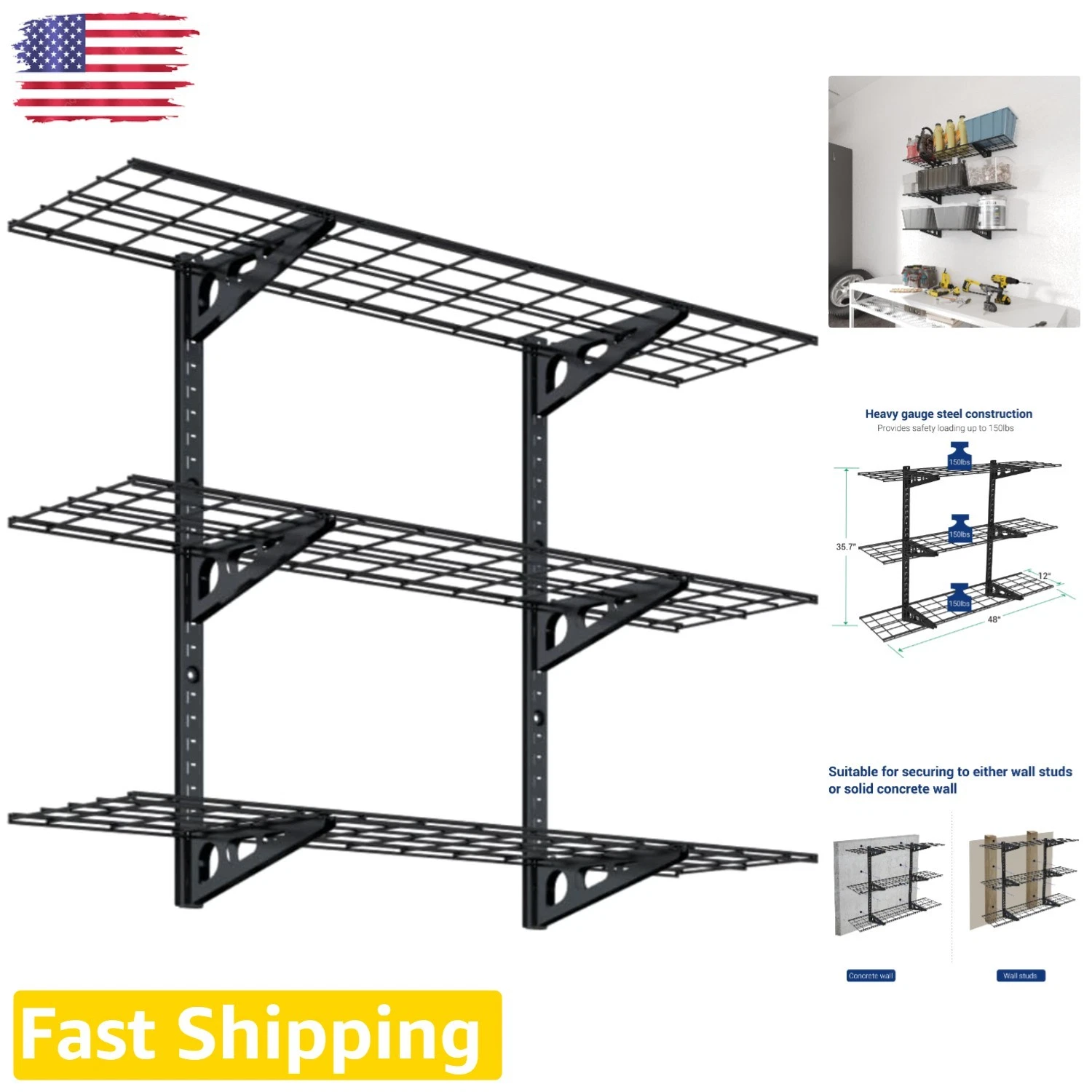 FLEXIMOUNTS 3 Tier 1x4ft Garage Storage Wall Shelving - Thumbnail 4