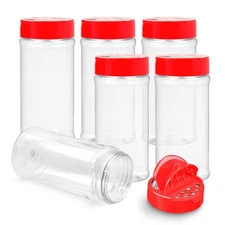 6 Pack 16 Oz Plastic Spice Jars with Red Cap, Clear and Safe Bottle Containers
