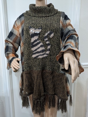 Upcycled Cowl Neck Sweater Flannel Top Cat Appliqué Fringe Brown Black Size M/L - Picture 9 of 9