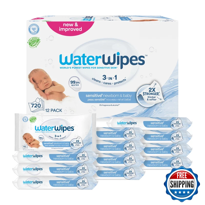 Waterwipes Sensitive Newborn Baby Wipes 3-In-1 Cleans Cares Protects 99.9 Water