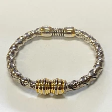 Vtg Two Tone Gold Silver Tone Twisted Spring Hinged Clamper Bangle Bracelet 2.5"