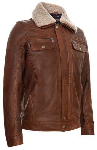 Men's Tan Leather Jacket Trucker Removable Sheepskin Collar Casual Jeans Coat - Picture 3 of 5