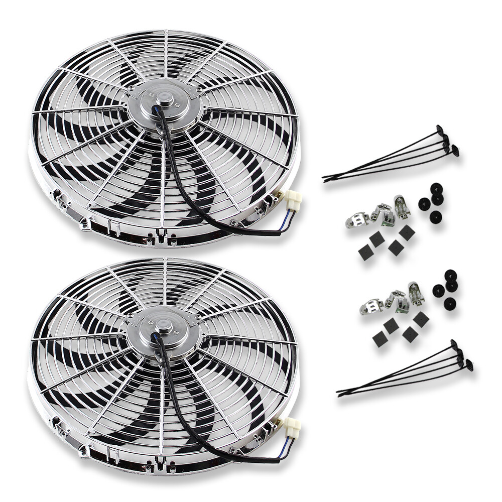 Chromed Curved Dual 16" Blade Reversible Electric Cooling Fan w/Mounting Kit GM