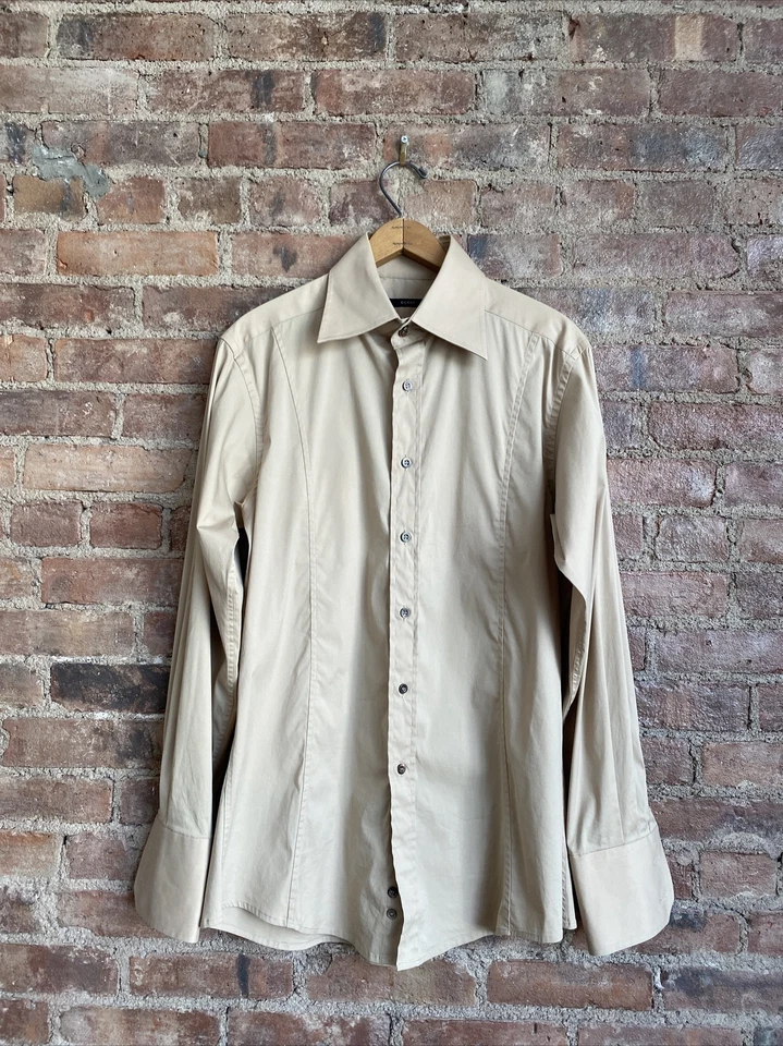 Vintage Gucci Men's Shirt, Sz 15.5/39 L, Khaki Stretch Italy - Image 2 of 4