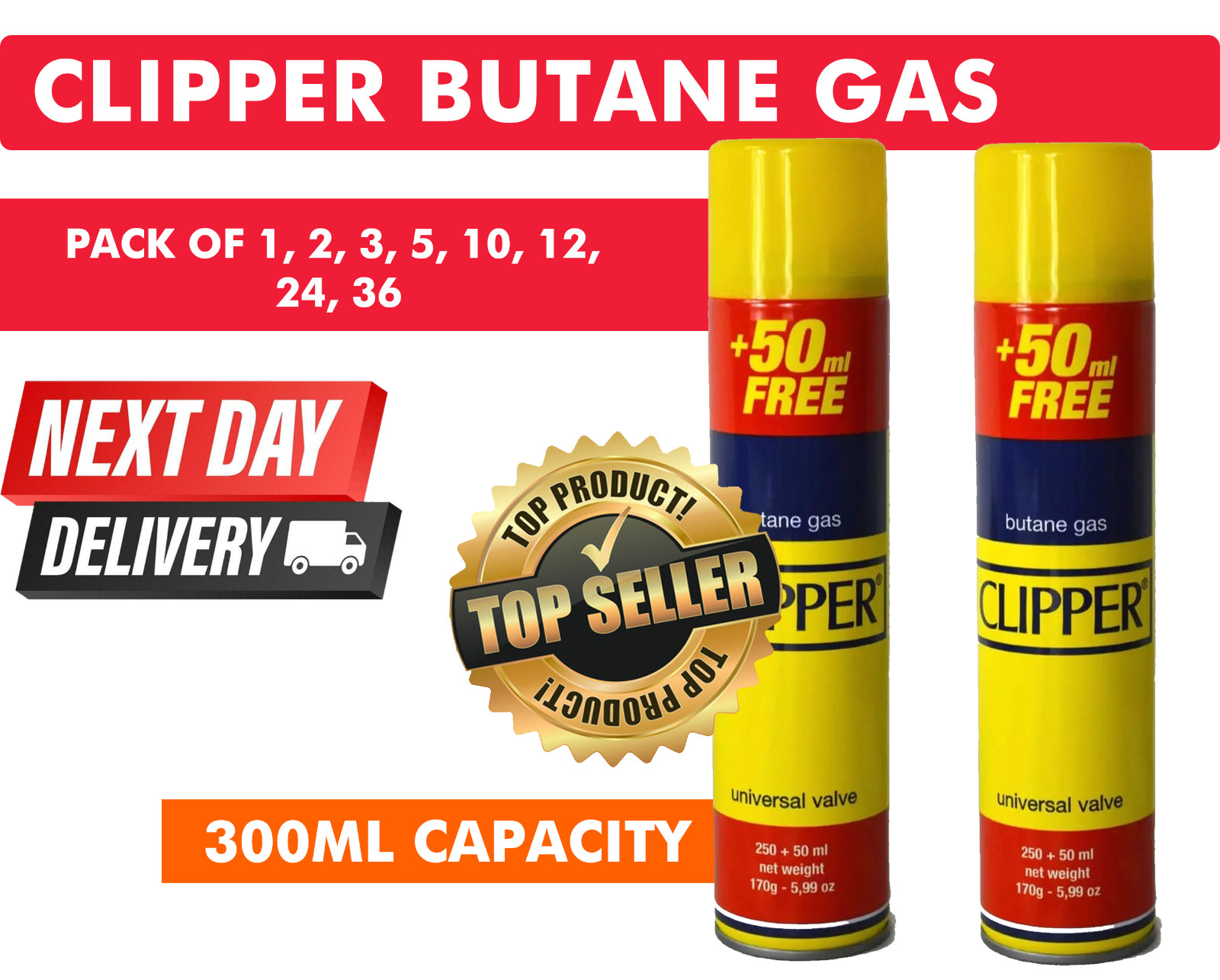 2 X CLIPPER BUTANE GAS REFILLS HIGH-QUALITY LIGHTER FUEL UNIVERSAL VALVE 300ML