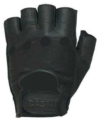 Castle Men's Perforated Top Grain Leather Fingerless Motorcycle Gloves - Black